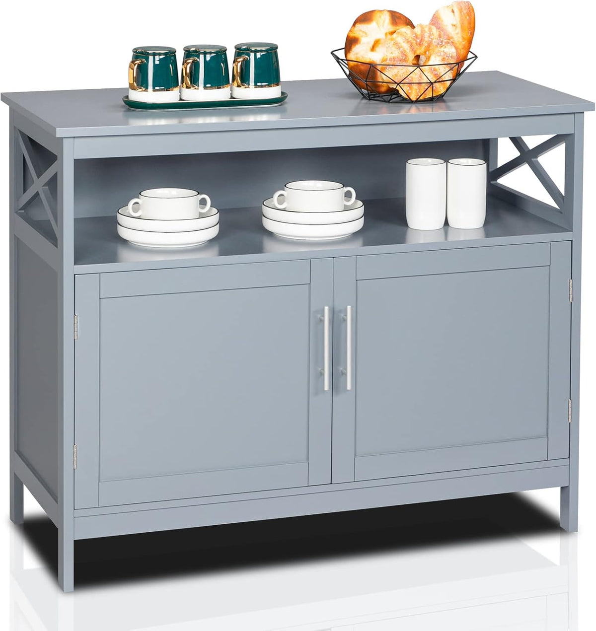 White Buffet Table with Storage Cabinet and Open Shelf J2545