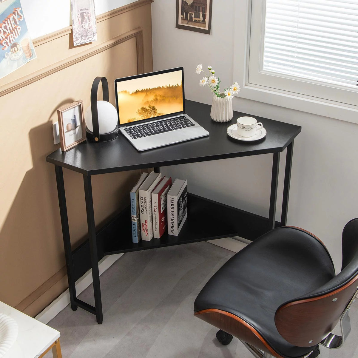 Black Corner Desk with Power Outlet F59974
