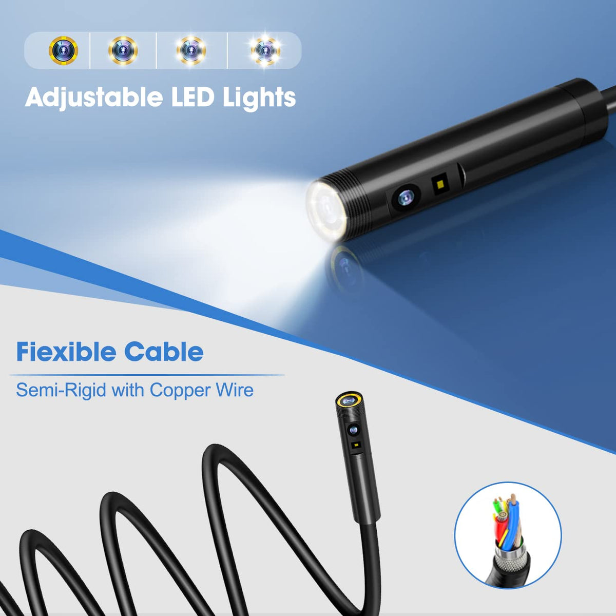Triple Lens Endoscope Camera with 5 Inch IPS Screen and 16.5ft Semi-Rigid Cable I63914
