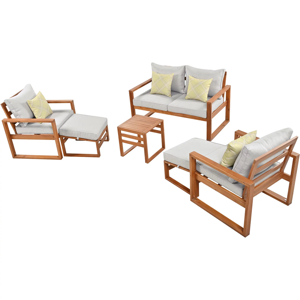 6 Piece Solid Wood Patio Furniture Set with Gray Cushions K194