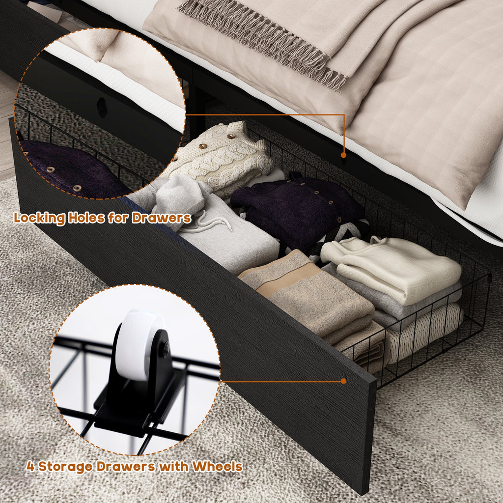 White Queen Size LED Platform Storage Bed Frame with Charging Station H99596