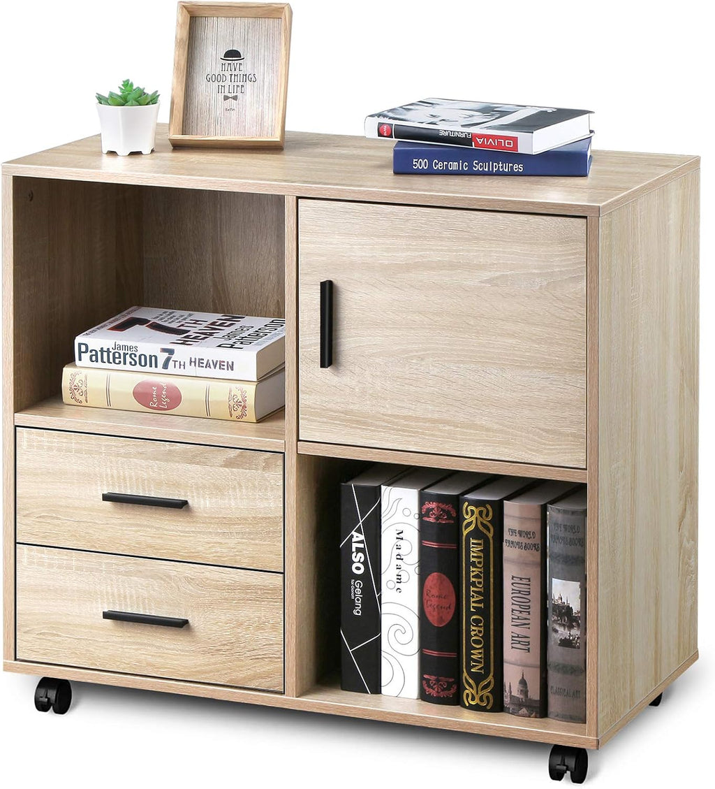 White Oak 2 Drawer Wood File Cabinet with Open Storage Shelves V58956