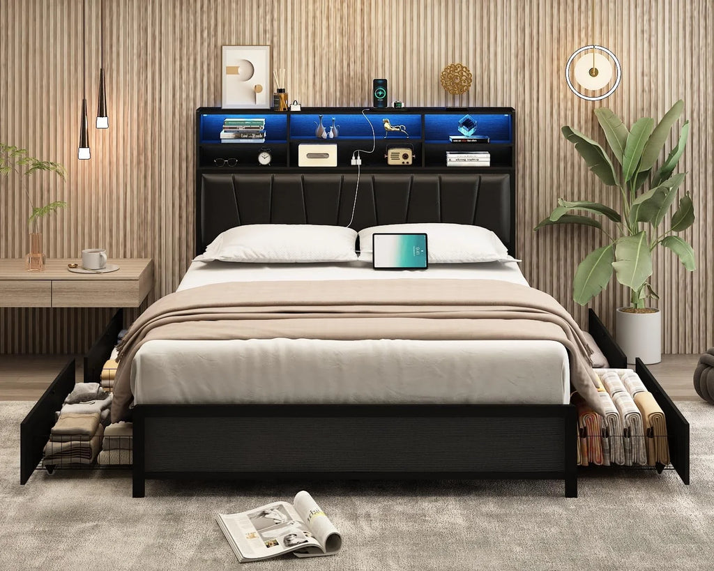 White Queen Size LED Platform Storage Bed Frame with Charging Station H99596