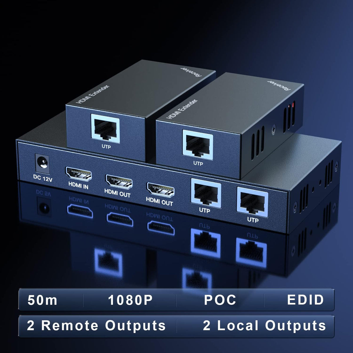 HDMI Extender Splitter 1x2 1080P@60Hz Over Cat 5E/6/7 Ethernet Cable 50m (165ft) 2 HDMI loopout EDID Copy POC Function (1 in 2 Out) W85349