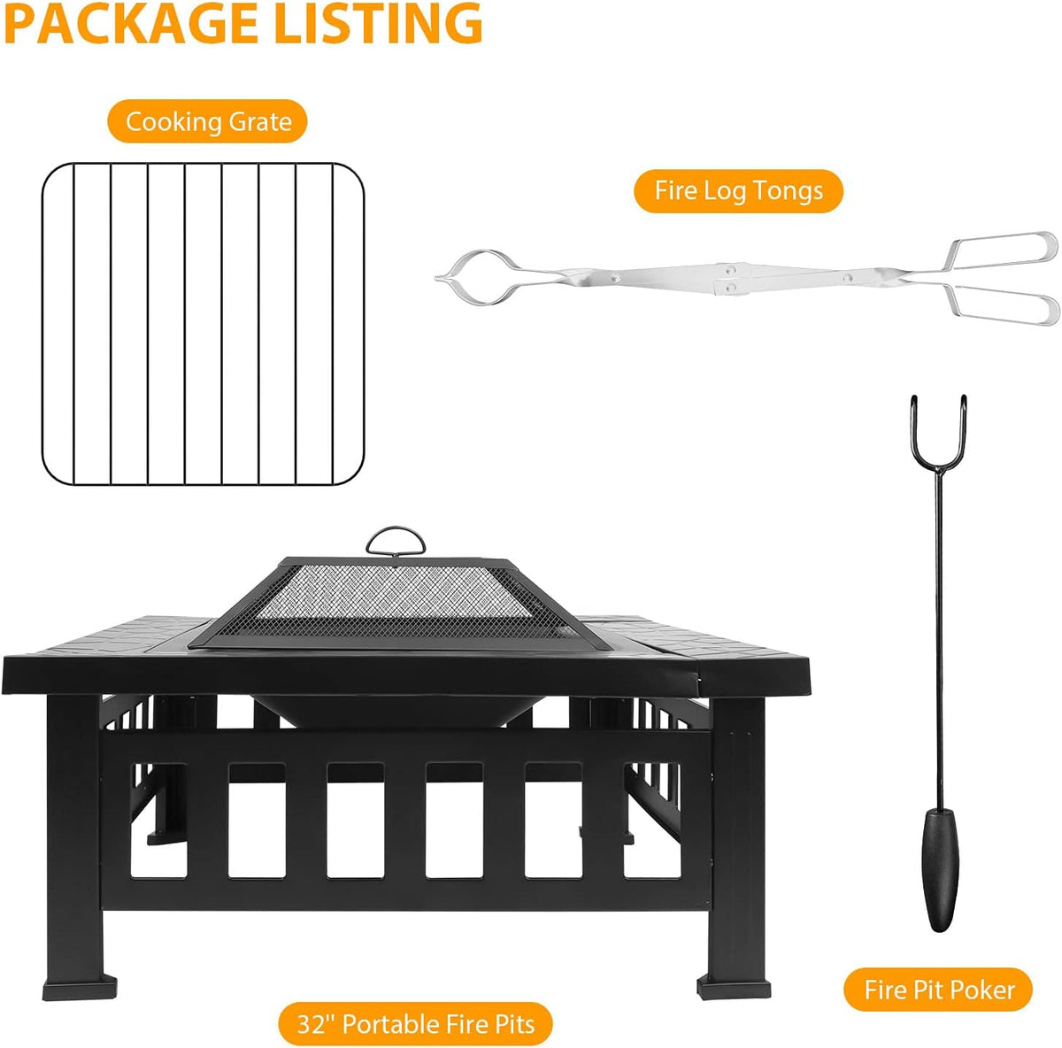 32 inch Square Metal Fire Pit Table with Spark Screen E9192
