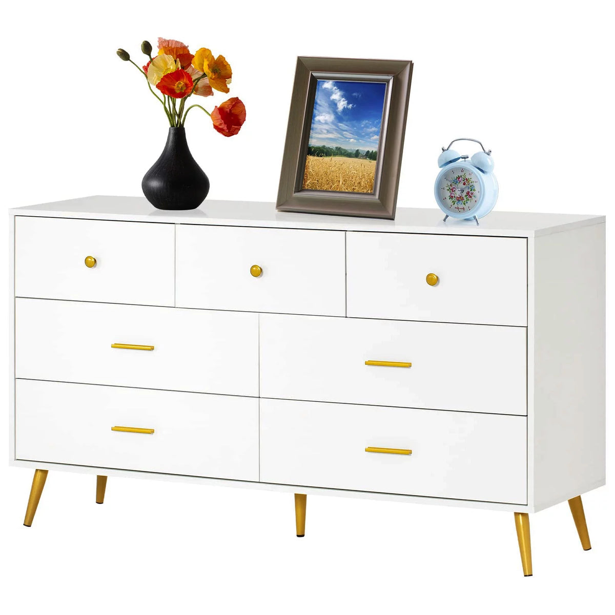 White and Gold 7 Drawer Wood Dresser R5054