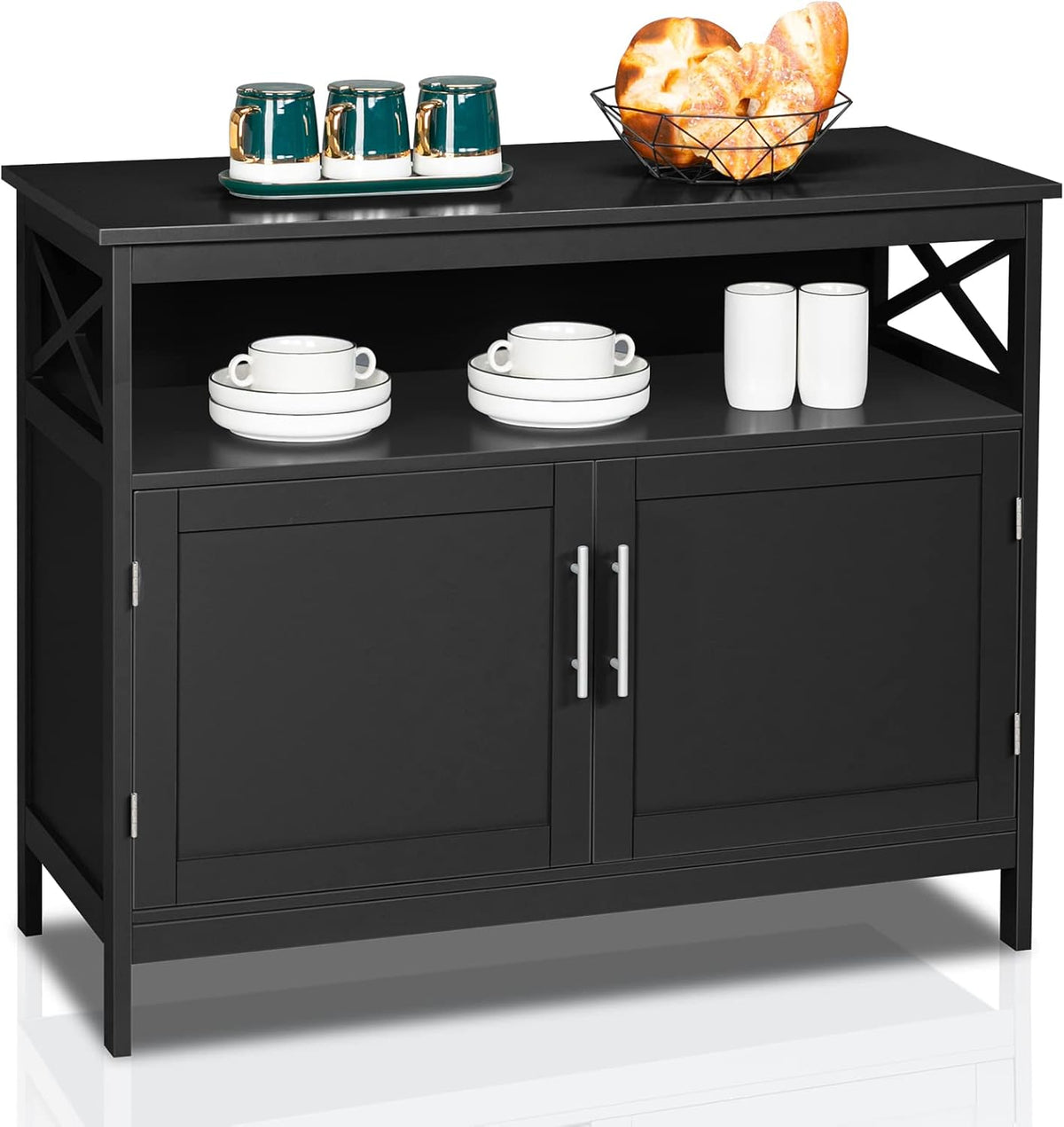 White Buffet Table with Storage Cabinet and Open Shelf J2545