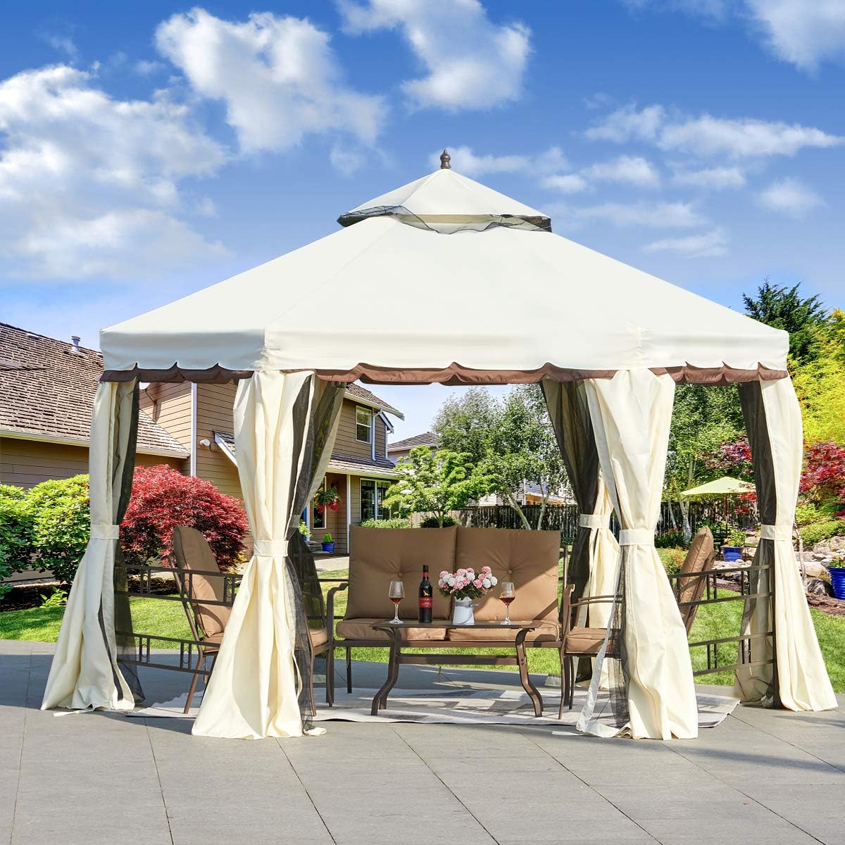 12’ x 12’ Outdoor Canopy Gazebo with Netting and Shade Curtains W81853