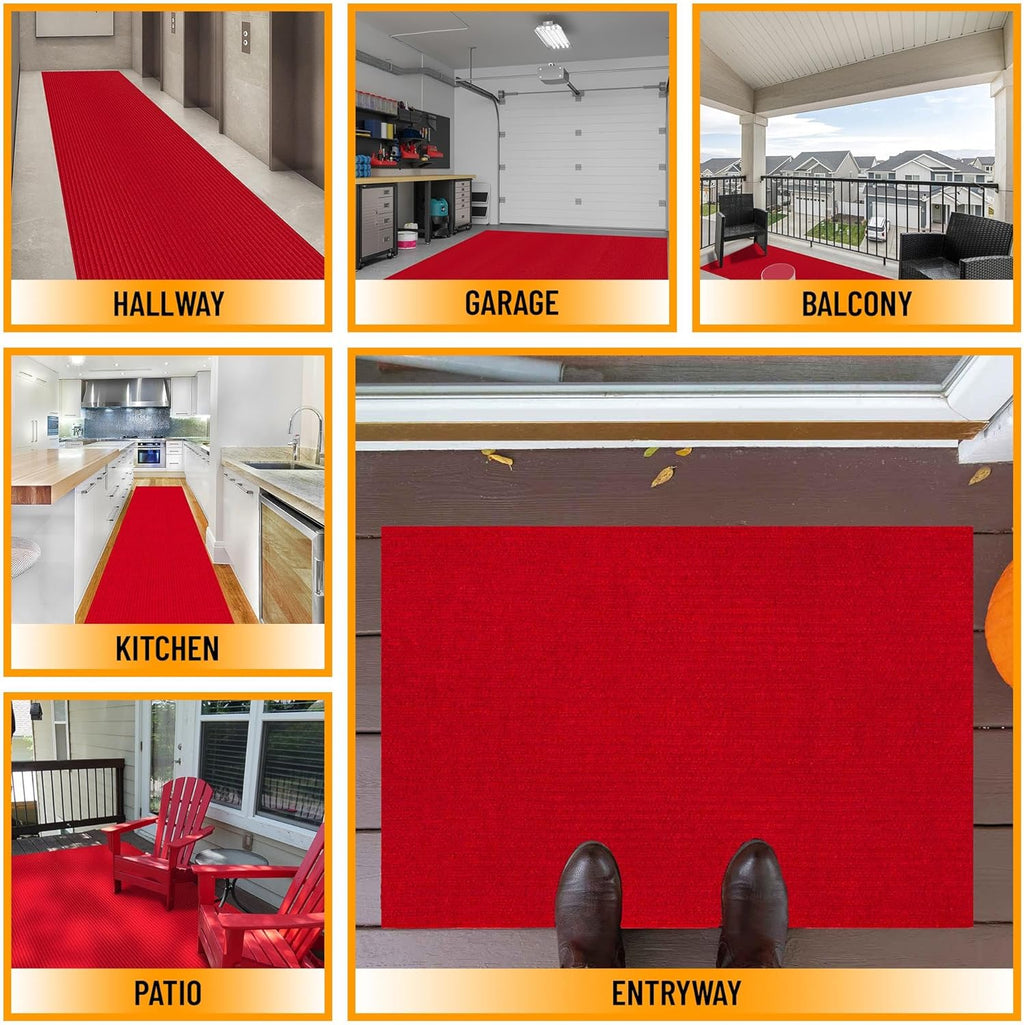 Non-Slip Rubberback 2x10 Indoor/Outdoor Runner Rug, 2' x 10', Red L2635