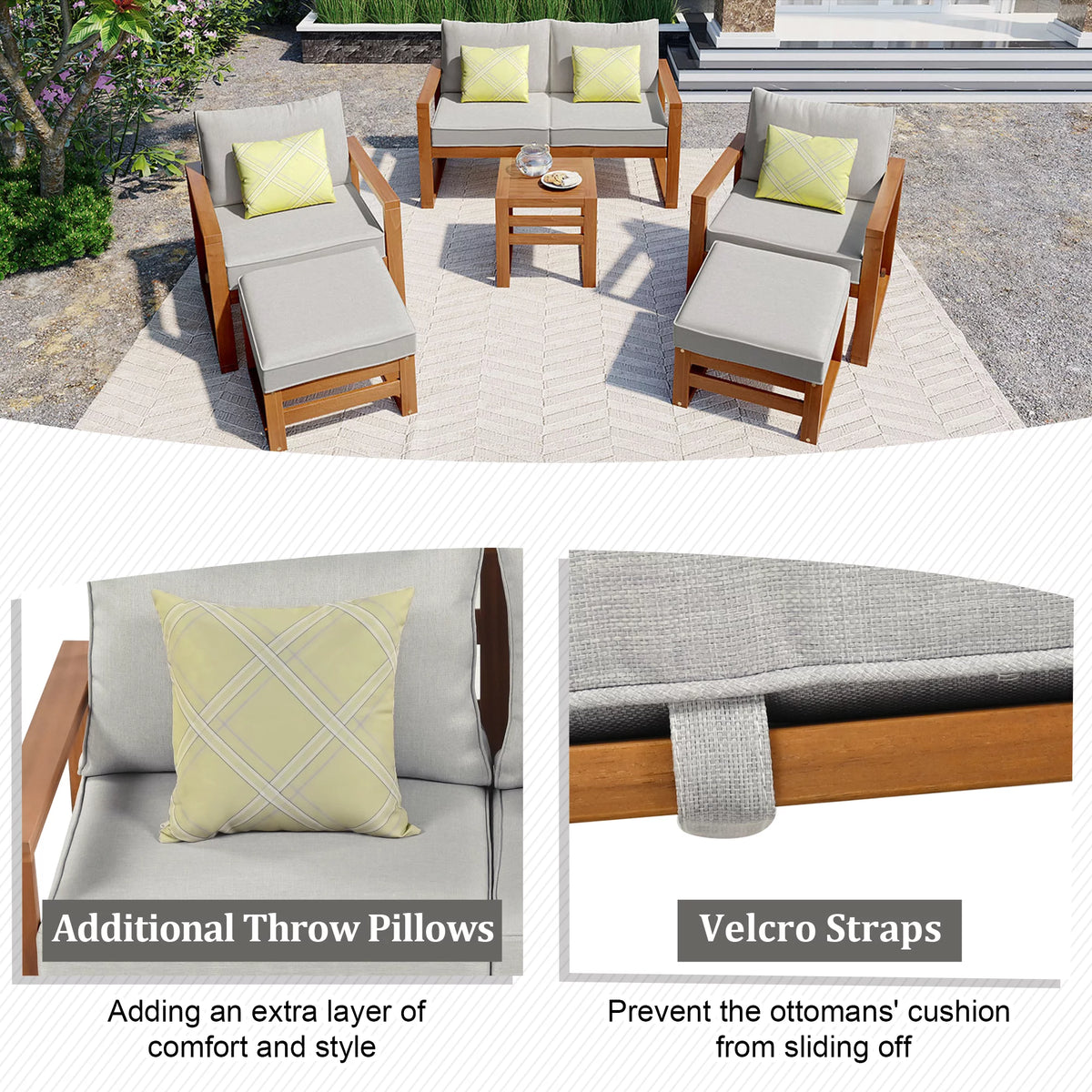 6 Piece Solid Wood Patio Furniture Set with Gray Cushions K194