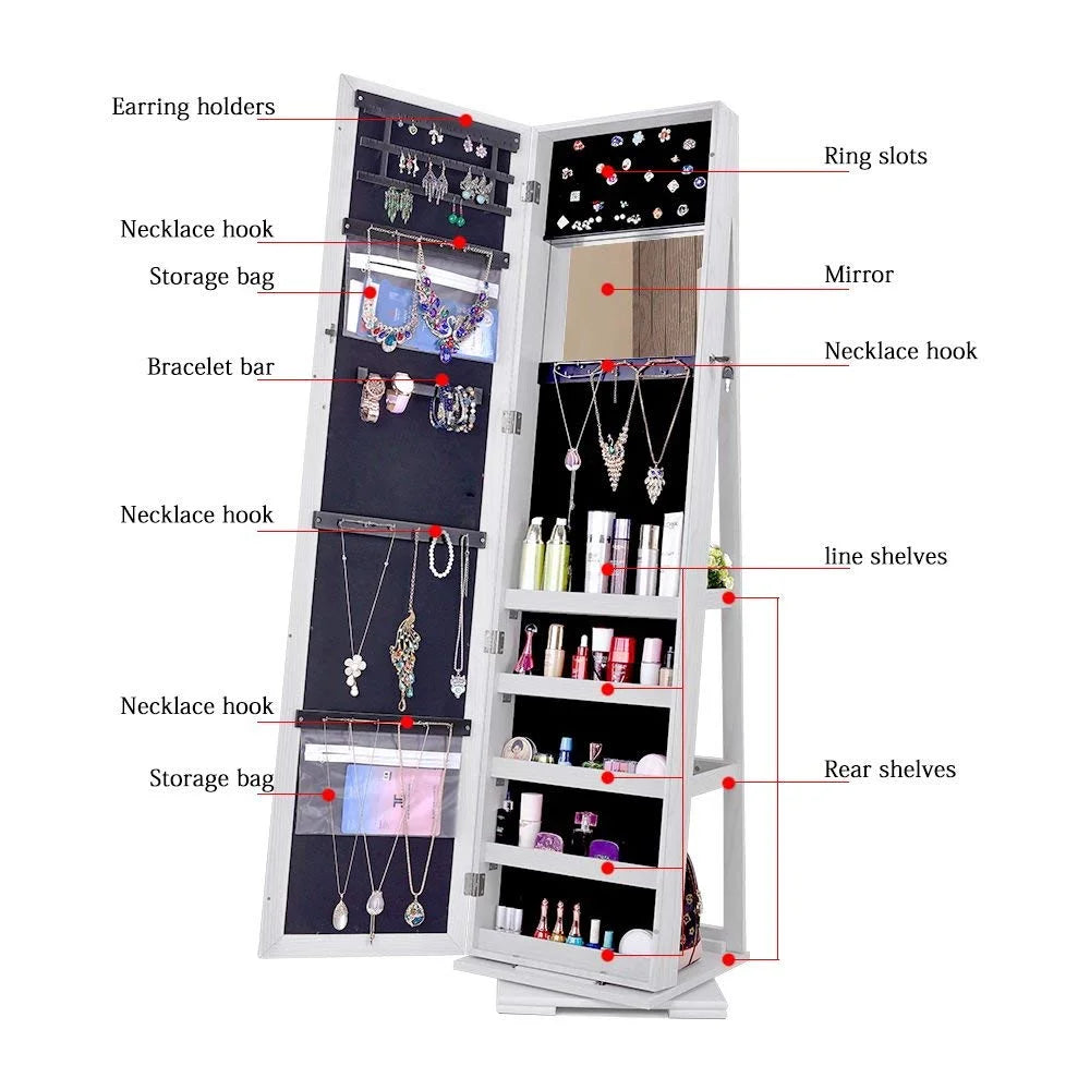 White Free-Standing Rotatable Jewelry Armoire with Mirror G84589