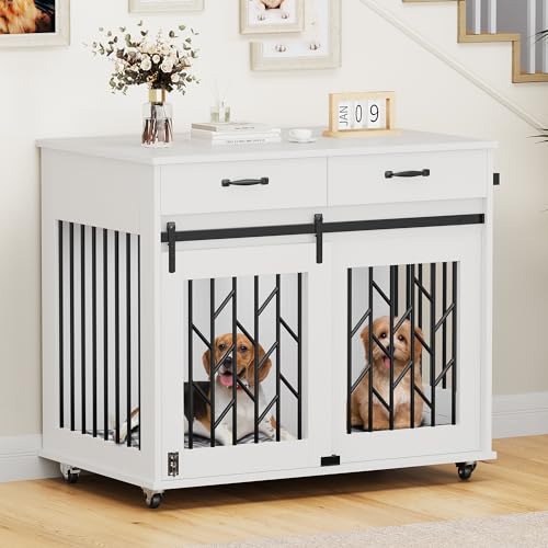 Brown Wooden Double Dog Crate with Storage Drawers T263439