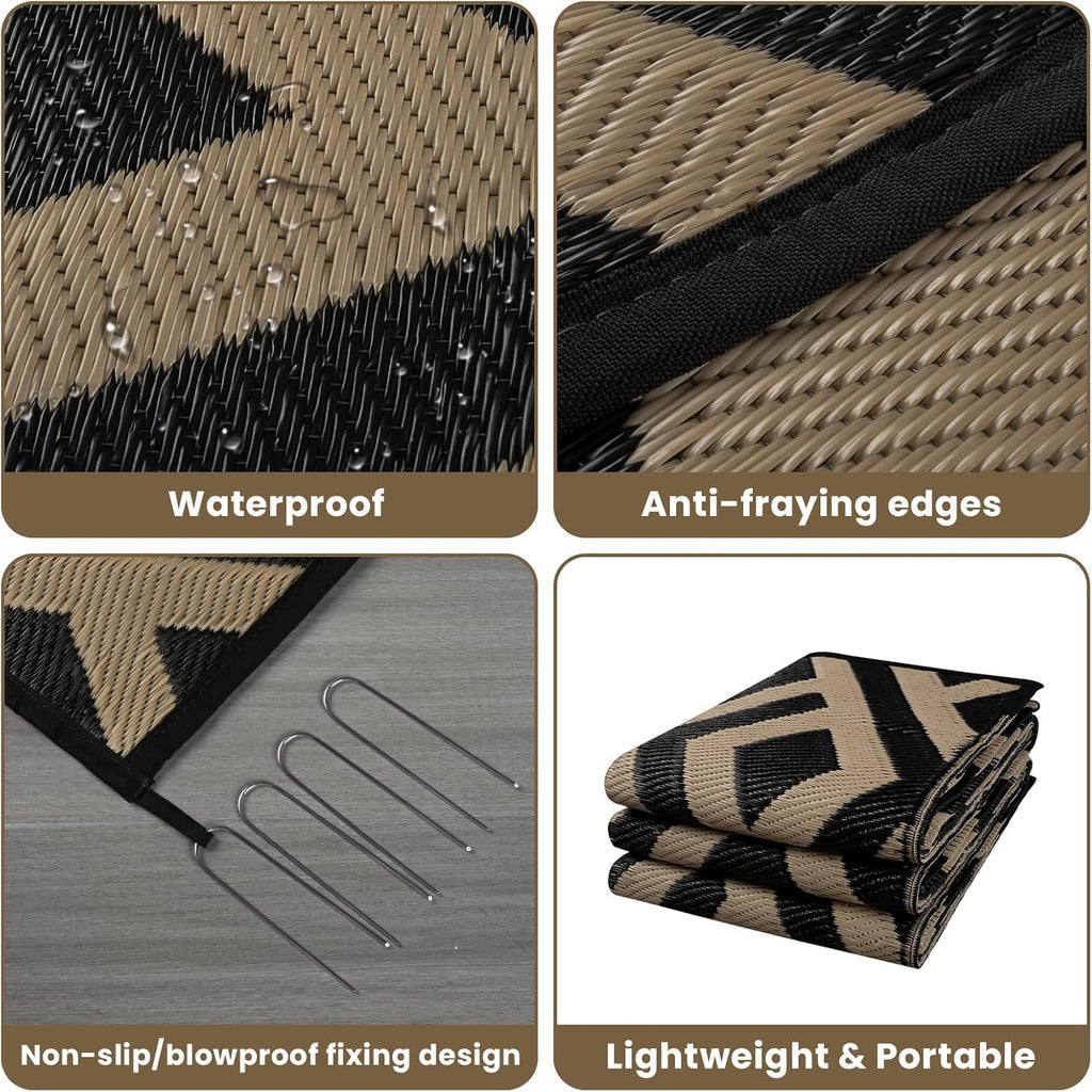 Black & Beige Outdoor Patio Rug with Carry Bag A5492
