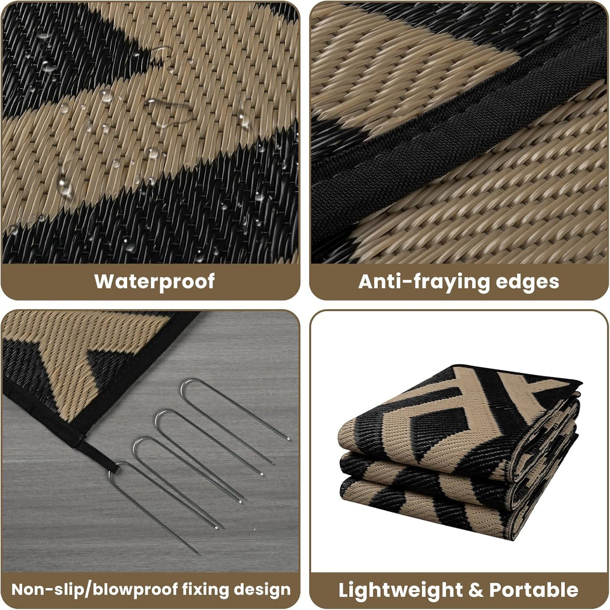 Black & Beige Outdoor Patio Rug with Carry Bag A5492