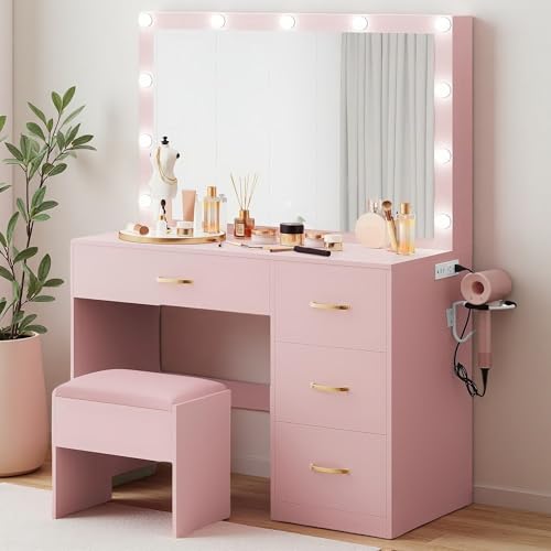 White Vanity Desk with LED Mirror and 4 Drawers P4859