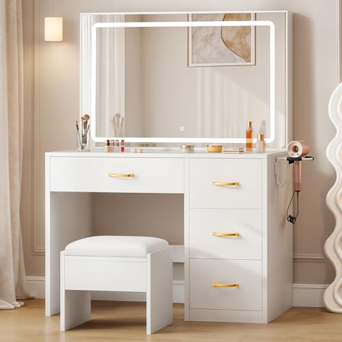 White Vanity Desk with LED Mirror and 4 Drawers P4859