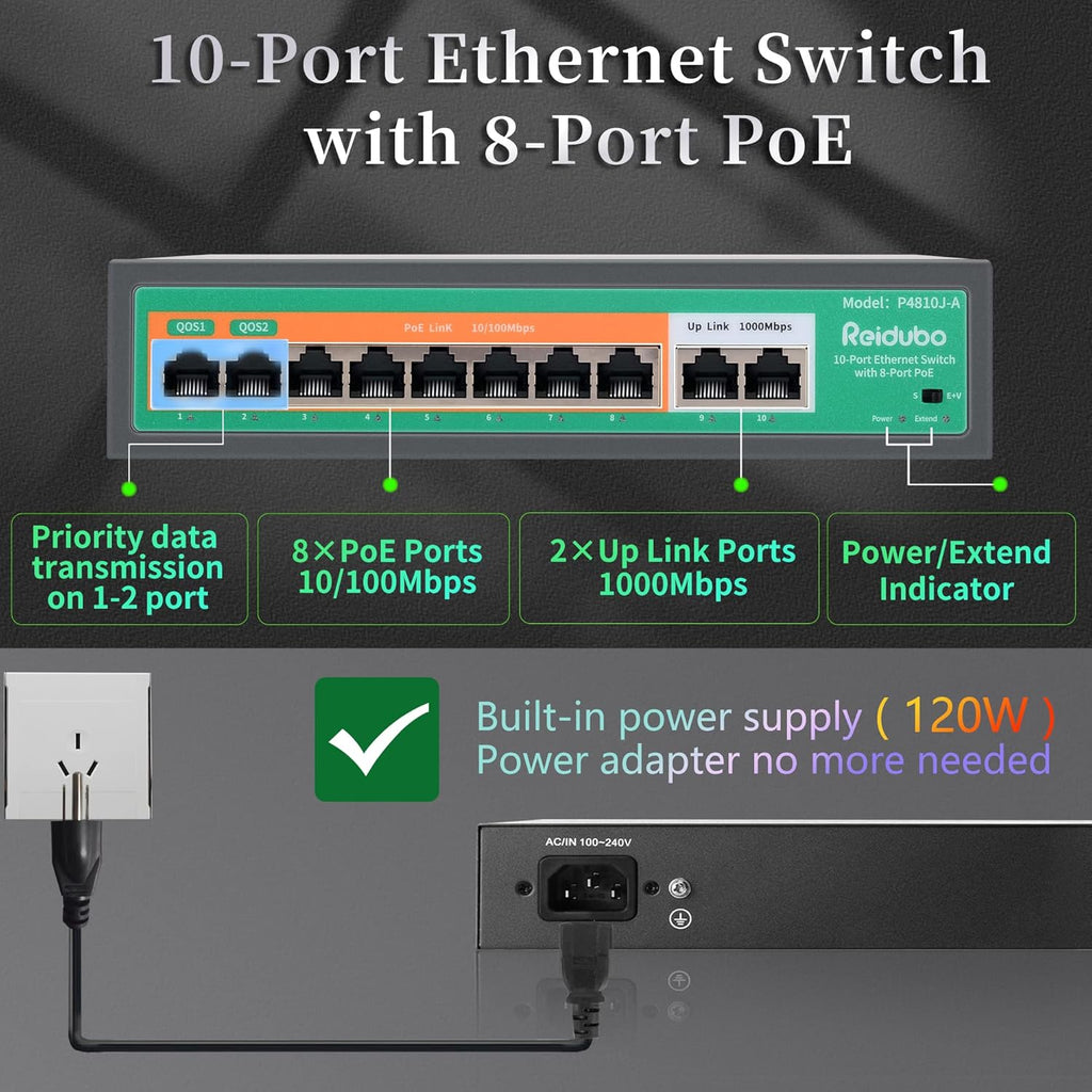 10 Port PoE Ethernet Switch with 8 Port PoE 100Mbps V966