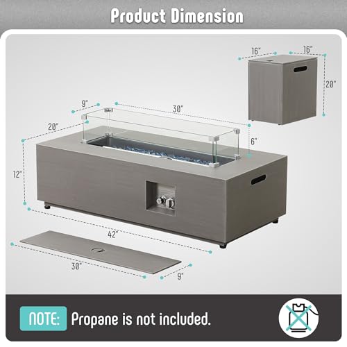 Propane Fire Pit Table Set with Tank Holder, 50,000 BTU Outdoor Firepit Table, Wind Guard & Glass Stones, Rectangular Fire Table T36931