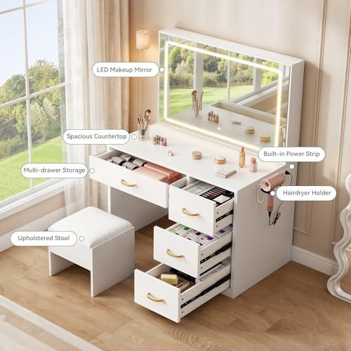 White Vanity Desk with LED Mirror and 4 Drawers P4859