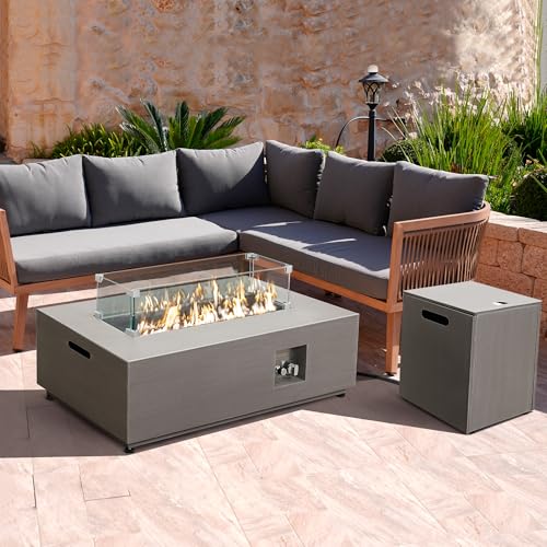 Propane Fire Pit Table Set with Tank Holder, 50,000 BTU Outdoor Firepit Table, Wind Guard & Glass Stones, Rectangular Fire Table T36931