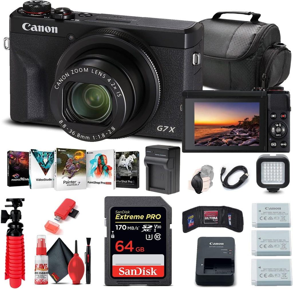 Black Digital Camera with 64GB Memory Card, 2 Batteries, Charger, Card Reader, LED Light X625192