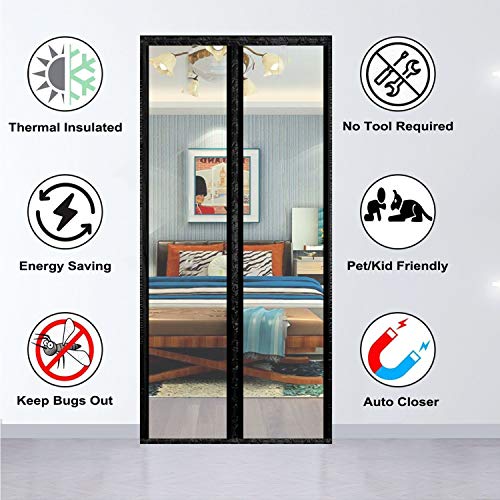 Transparent Insulated Door Curtain, Magnetic Thermal Door Cover, Self-Closing Magnetic Screen Door, Fits Doors up to 38" x 82" B2508