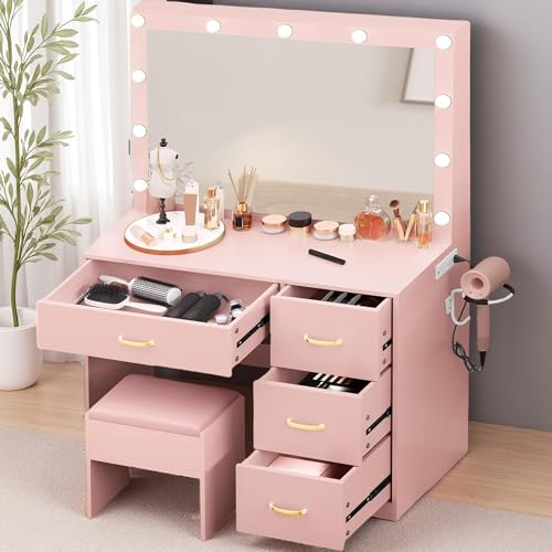 White Vanity Desk with LED Mirror and 4 Drawers P4859