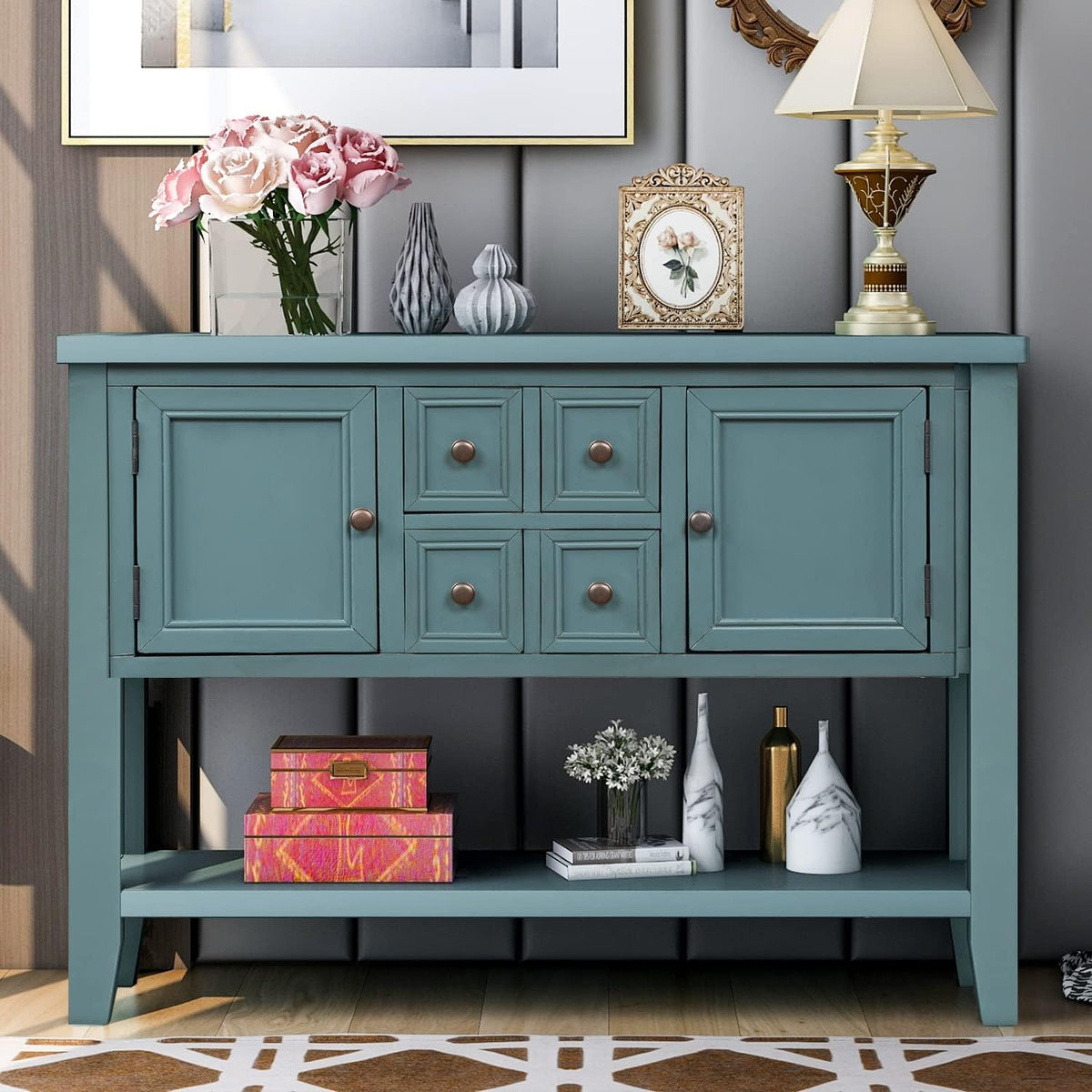Solid Wood Console Table 3 Drawers 2 Cabinet 1 Shelf P558407