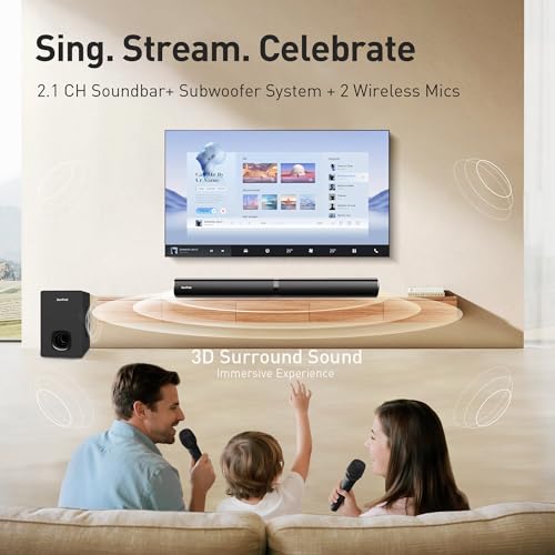 Karaoke Soundbar with Subwoofer, 2 Wireless Microphones, Bluetooth Speaker with Remote T194