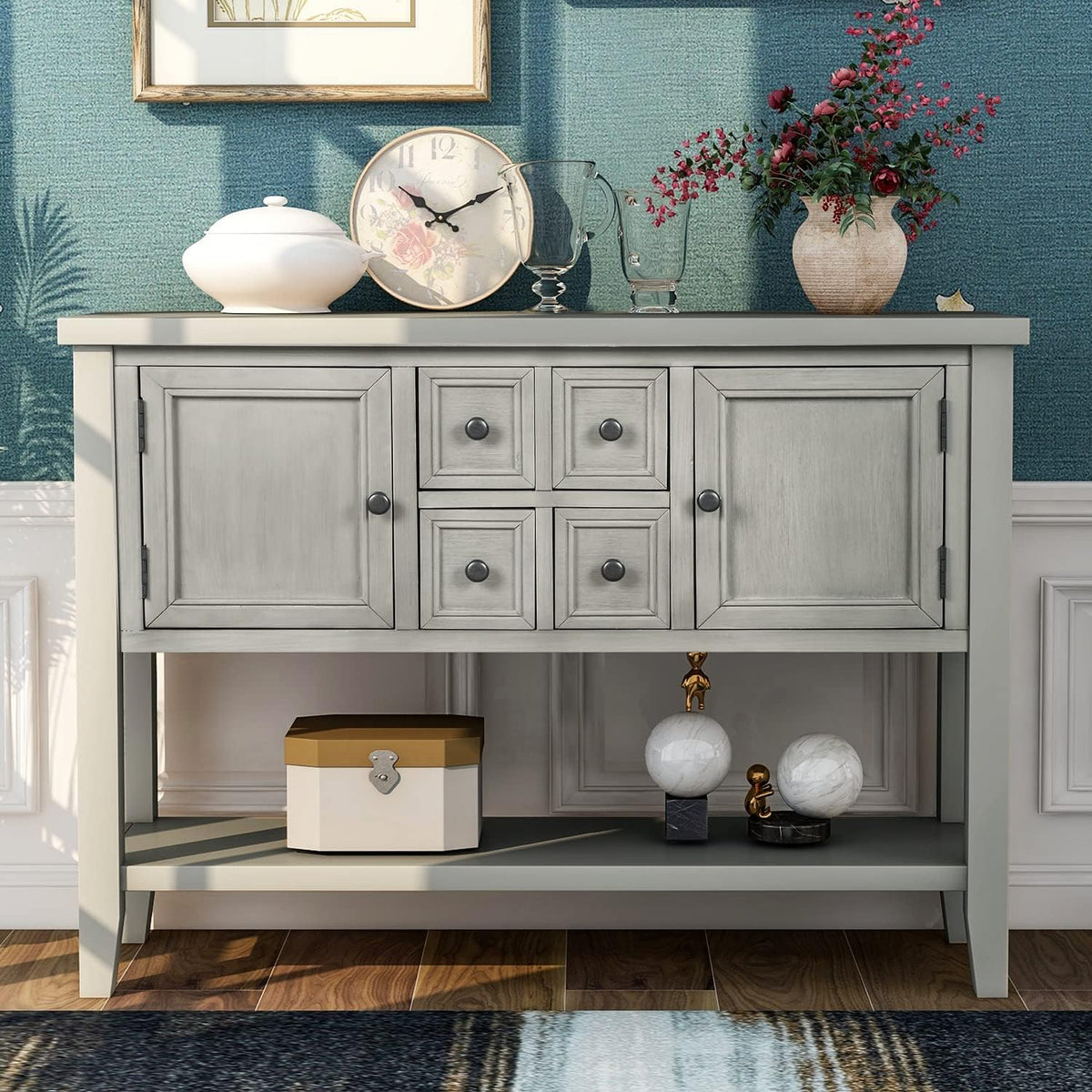Solid Wood Console Table 3 Drawers 2 Cabinet 1 Shelf P558407