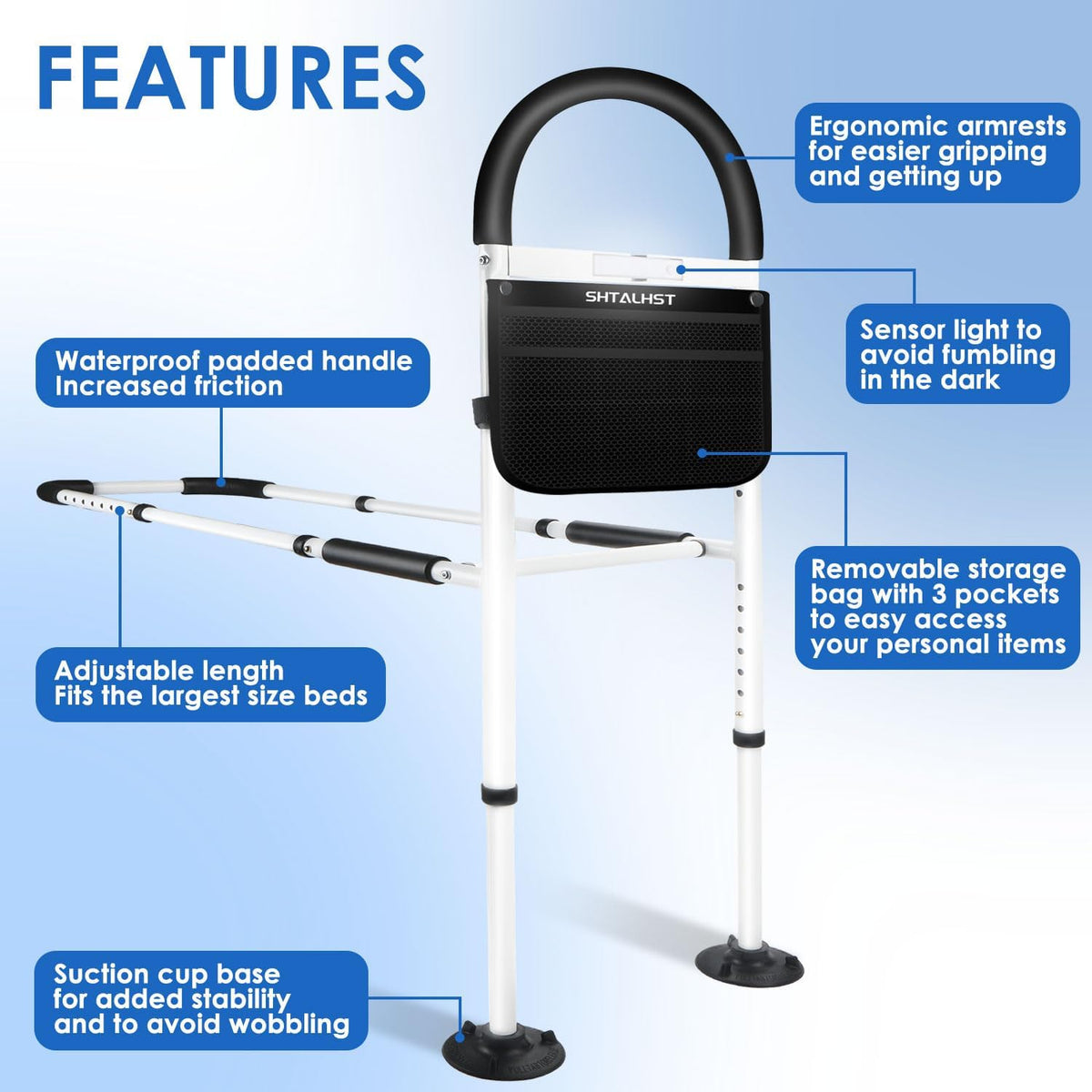 Adjustable Bed Safety Rails with Motion Light & Storage Pocket Q76677