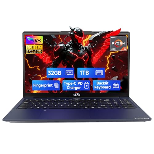 15.6" IPS FHD Gaming Laptop, 6 Cores AMD Ryzen 5 6600H 32GB DDR5 RAM 1TB SSD 660M GPU W394
