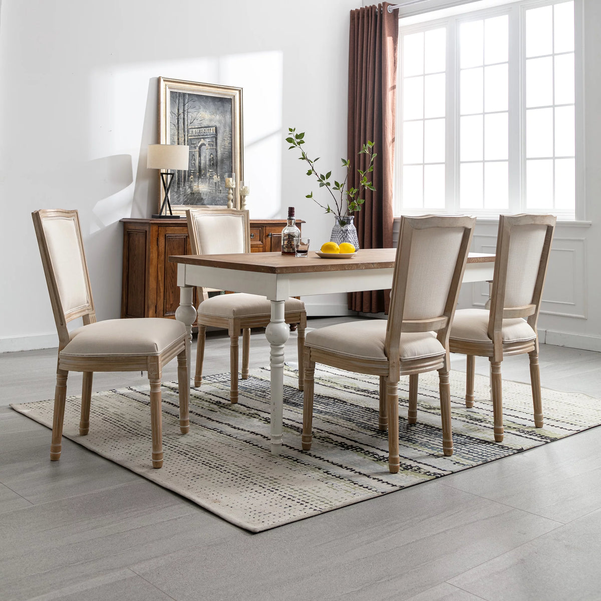 French Style Solid Wood Frame Linen Fabric Rattan Back Dining Chair Set Of 2 P727