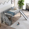 Grey Wood Twin Loft Bed Frame with Stairs and Storage Shelves M277