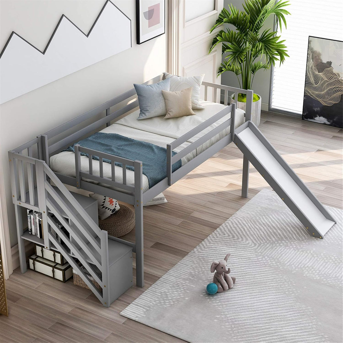 Grey Wood Twin Loft Bed Frame with Stairs and Storage Shelves M277