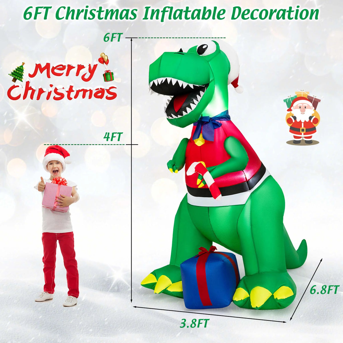 6FT Inflatable Christmas Dinosaur Decoration with LED Lights & Gift Box P95675