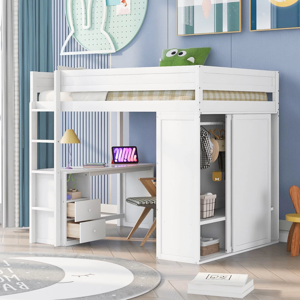 Wood Full Size Loft Bed with Wardrobes and Desk V736