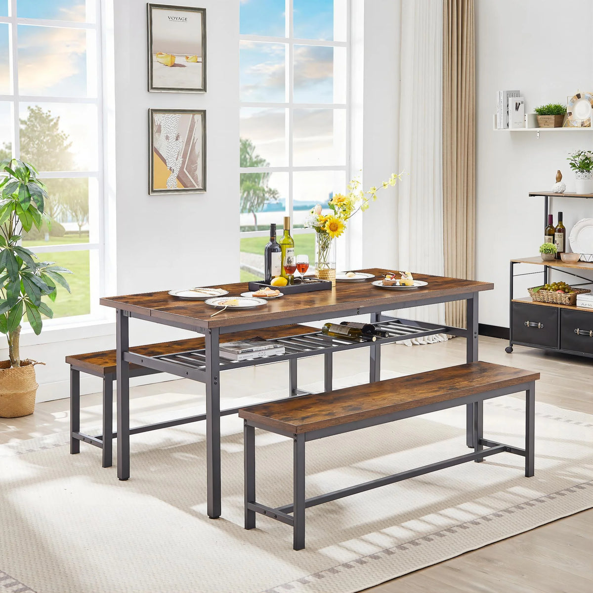 67 Inches 3-Piece Dining Table Set with 2 Benches E263927