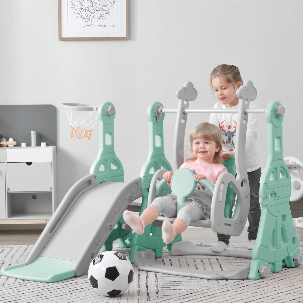 3 in 1 Toddler Slide and Swing Set with Basketball Hoops Green B899252