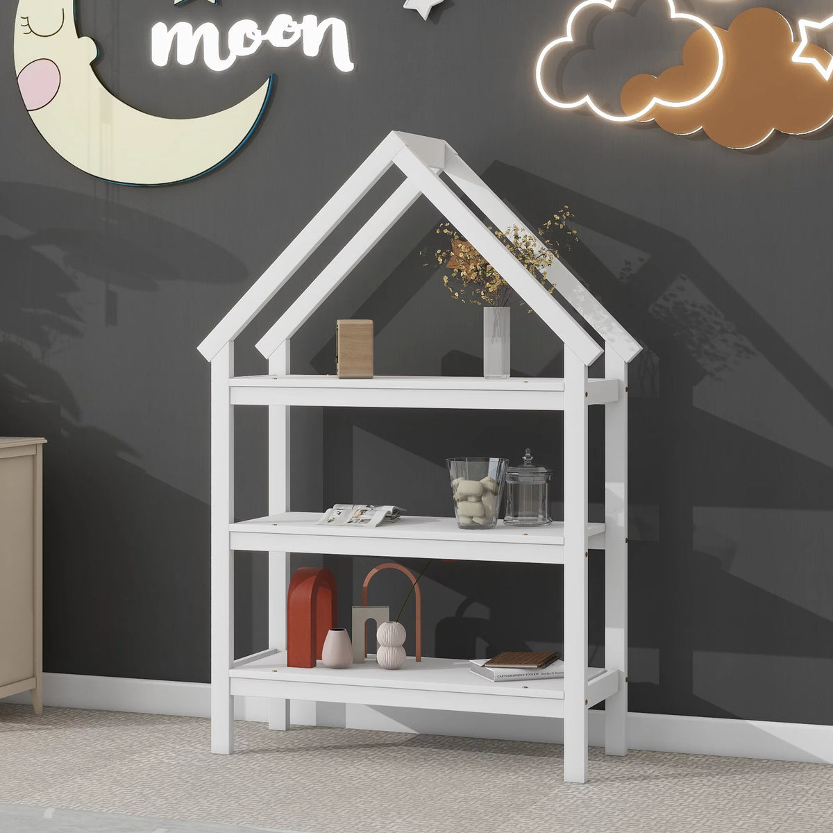 Twin House-Shaped Floor Bed Frame with 2 Detachable Stands White A733