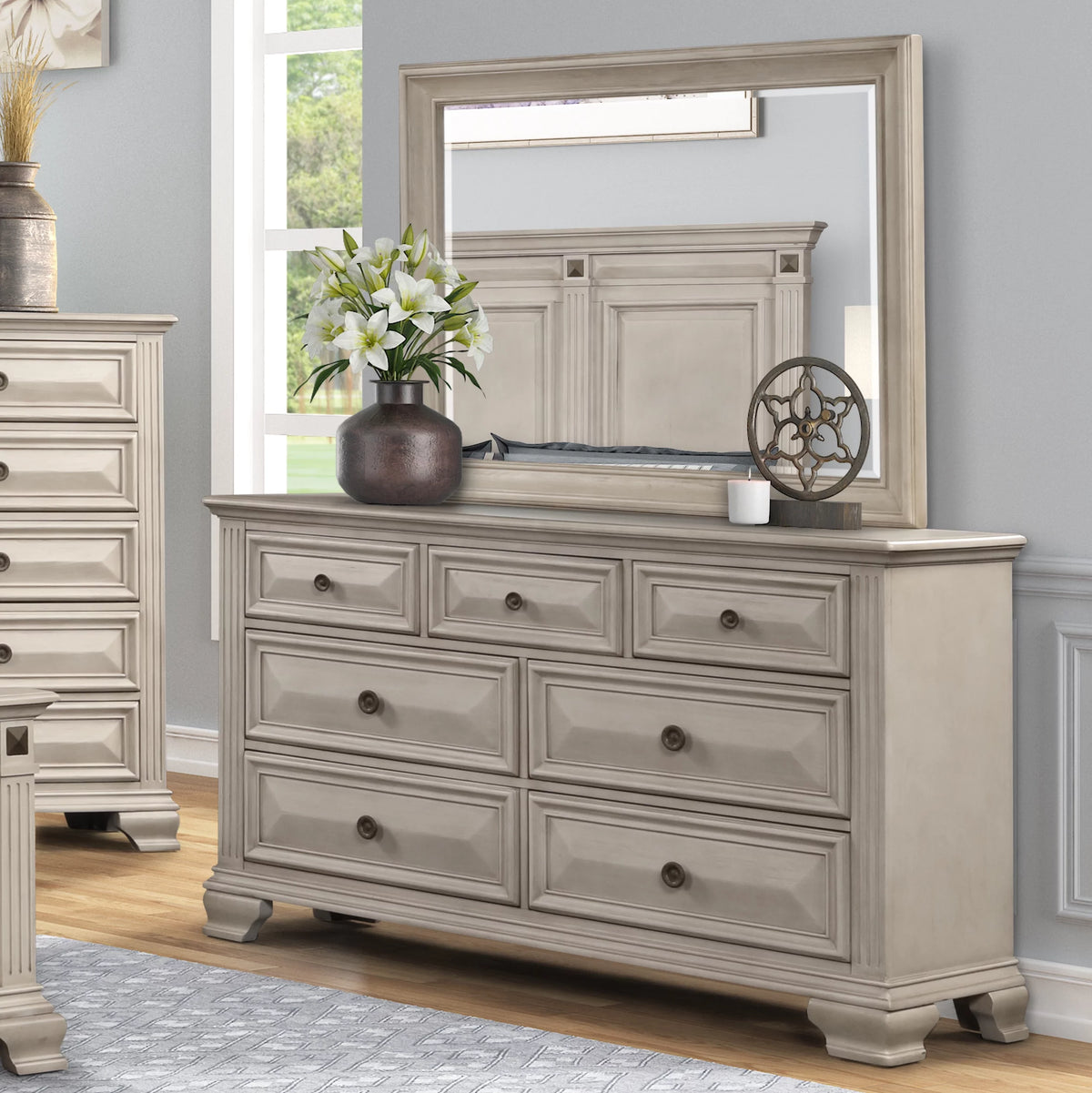 Queen Wood Bedroom Set with Dresser Mirror Nightstand Chest A6476