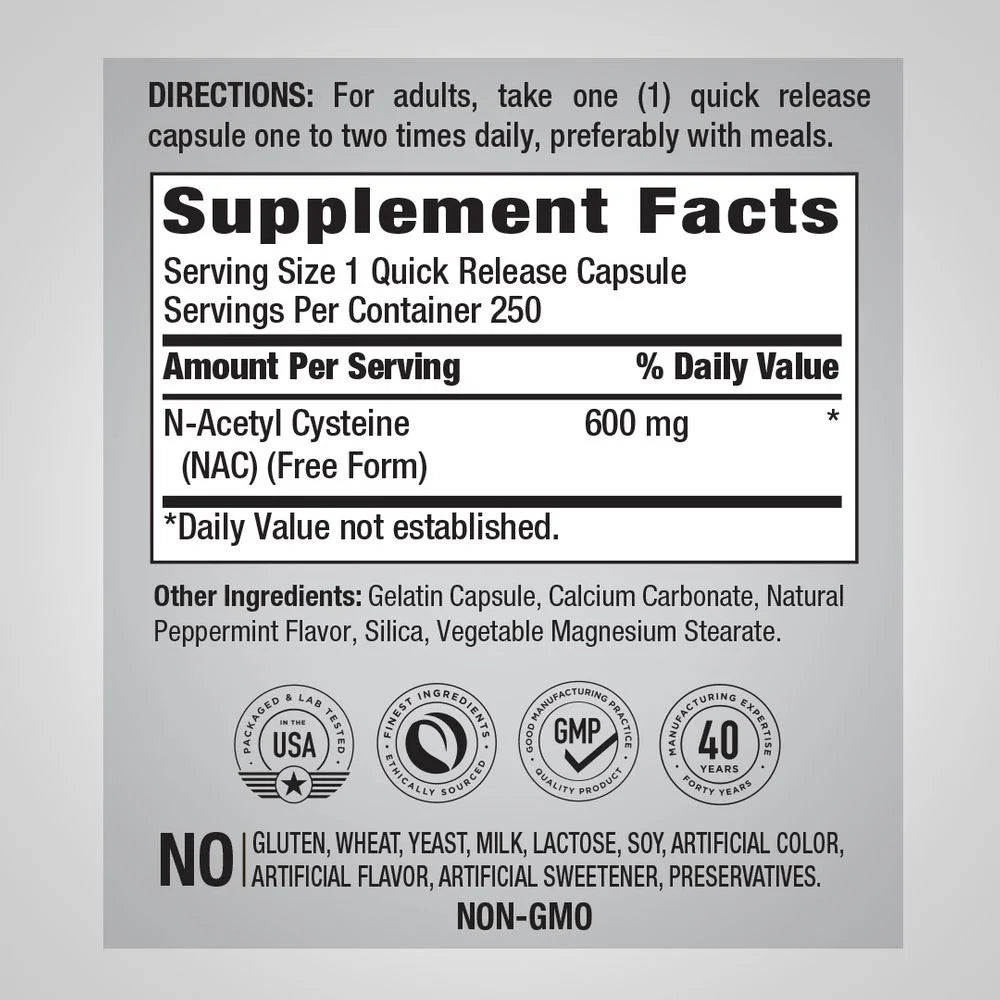 N-Acetyl Cysteine 600 mg 250 Coated Caplets Non-GMO Gluten Free Y429