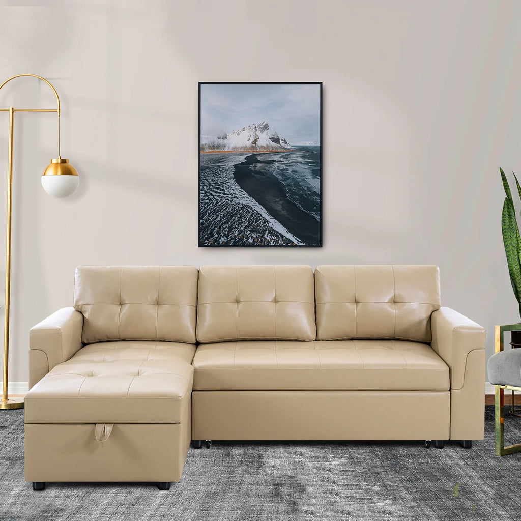 Black Air Leather L-Shaped Sleeper Sectional Sofa with Storage Chaise B331843