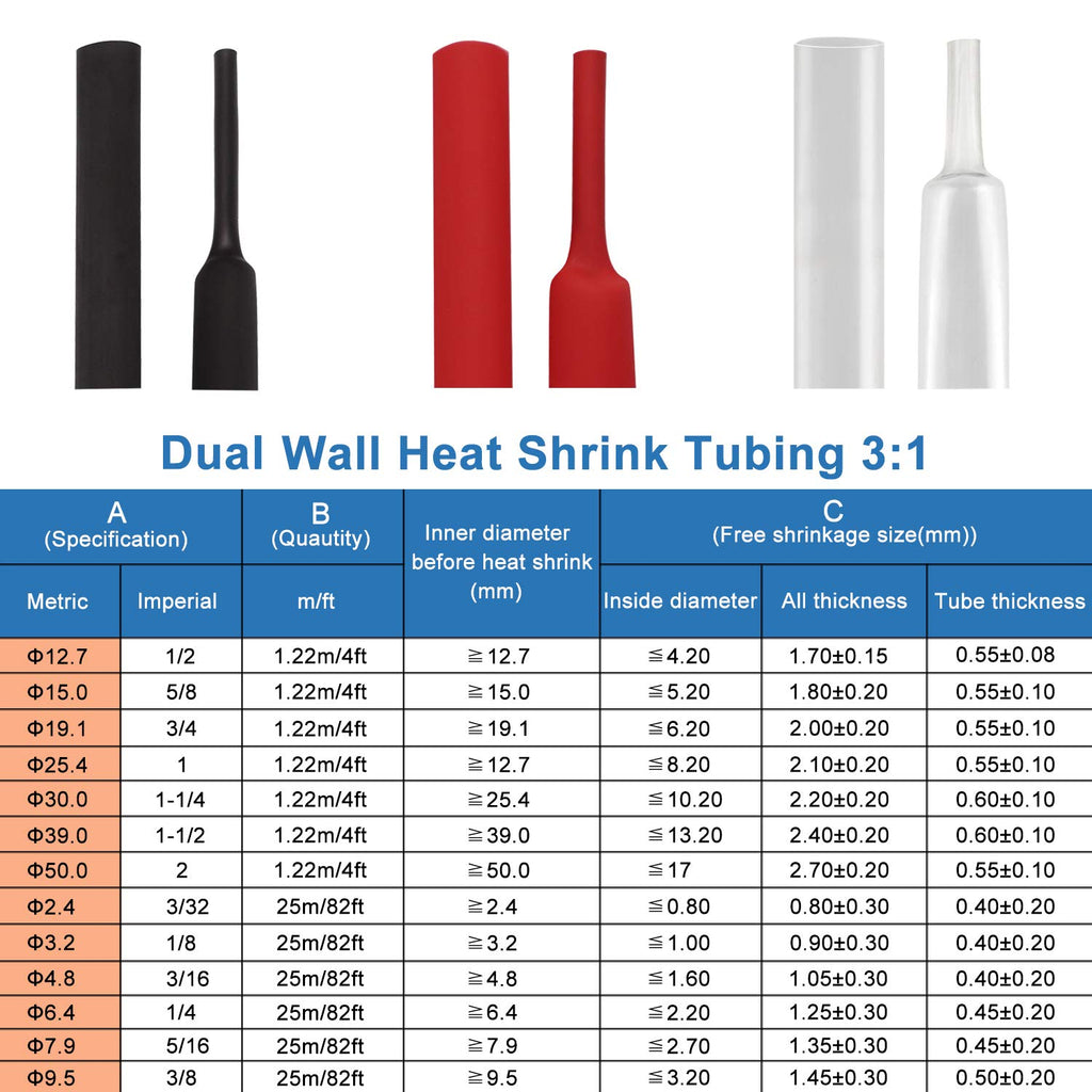 82 Ft 2 Inch (50mm) 3:1 Waterproof Heat Shrink Tubing Black Pack of 2 E3115
