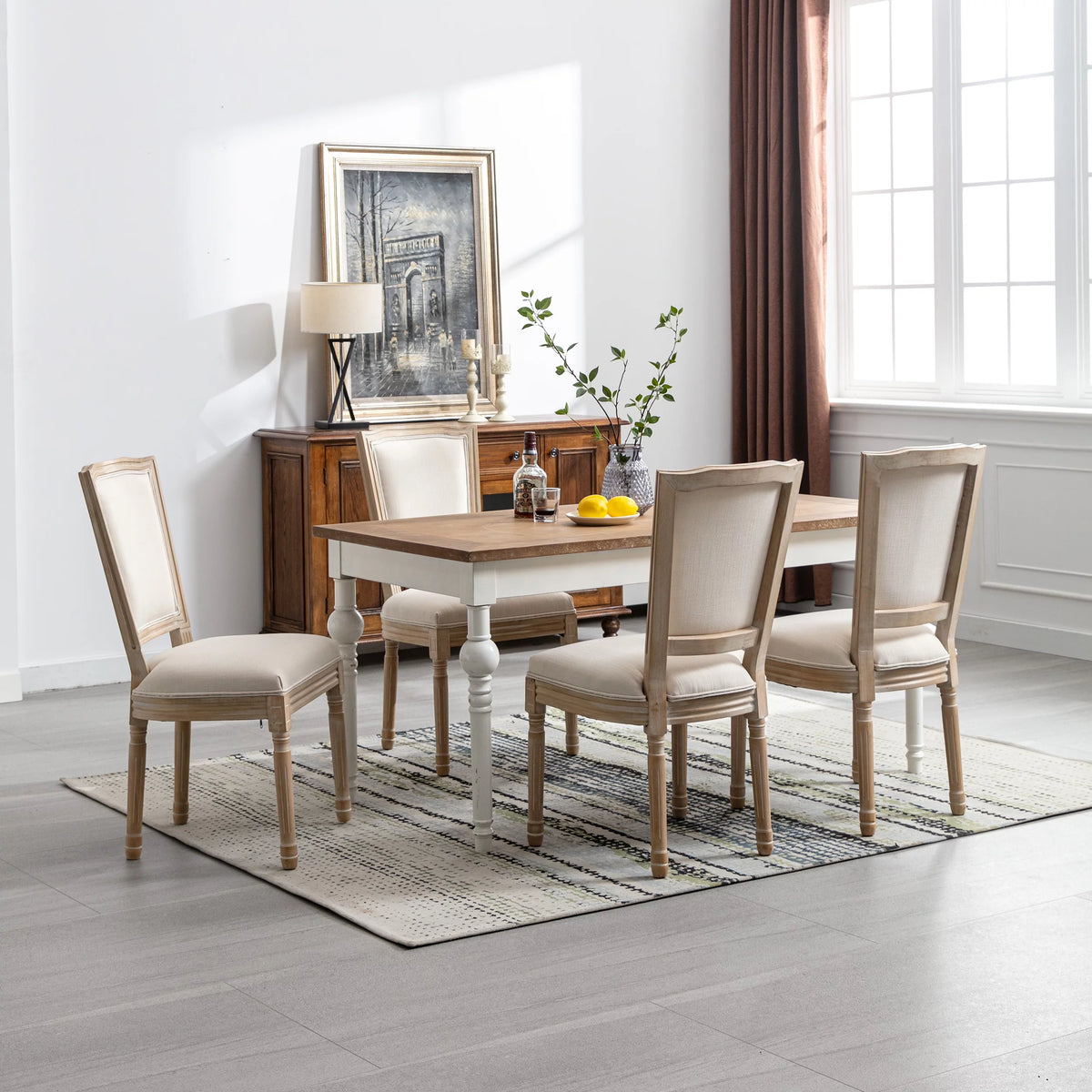 French Style Solid Wood Frame Linen Fabric Rattan Back Dining Chair Set Of 2 P727