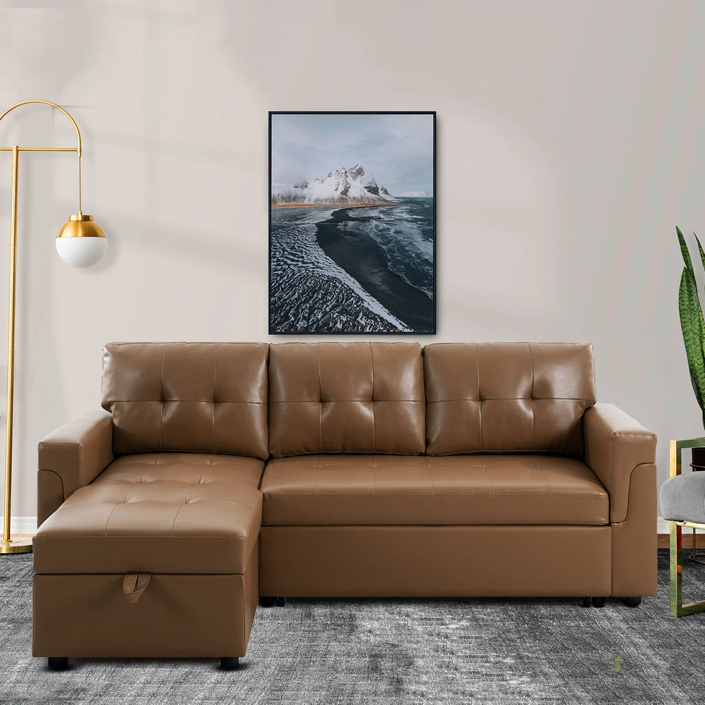 Black Air Leather L-Shaped Sleeper Sectional Sofa with Storage Chaise B331843