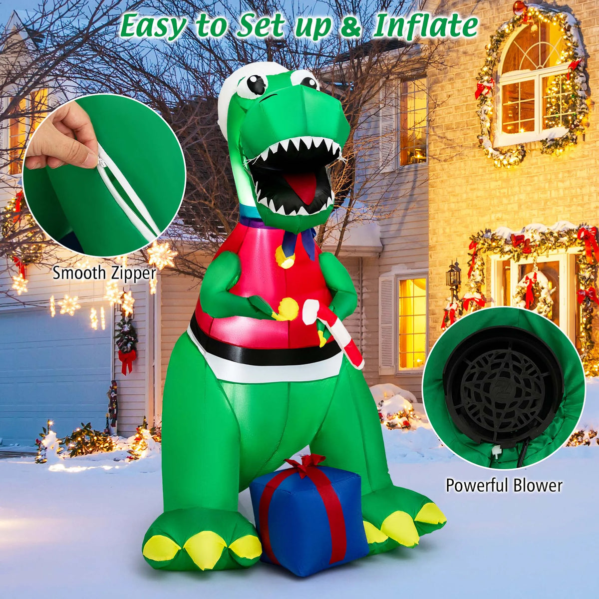 6FT Inflatable Christmas Dinosaur Decoration with LED Lights & Gift Box P95675