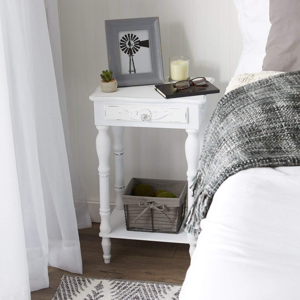White Carved Wood Nightstand J930