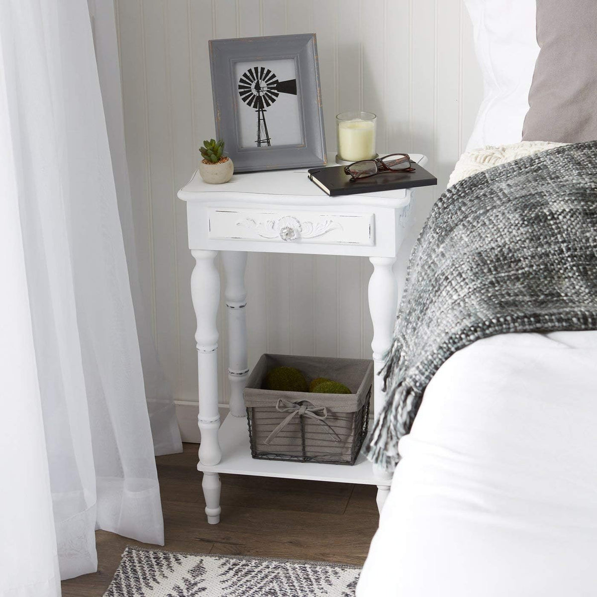 White Carved Wood Nightstand J930