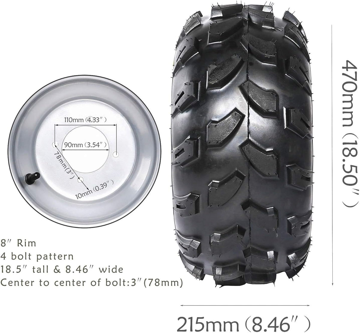 2Pcs 19x7-8 Front and 2Pcs 18X9.5-8 Rear Tubeless Wheel Tire With Rim for ATV Z851105